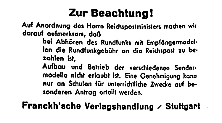 BOÎTES D’EXPÉRIMENTATION KOSMOS Radiomann et RADIO-TECHNIK Radiomann-warnhinweis-1940